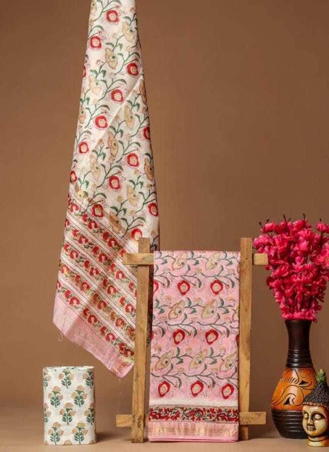 Maheshwari Silk Pink Festival Wear Block Printed Dress Material